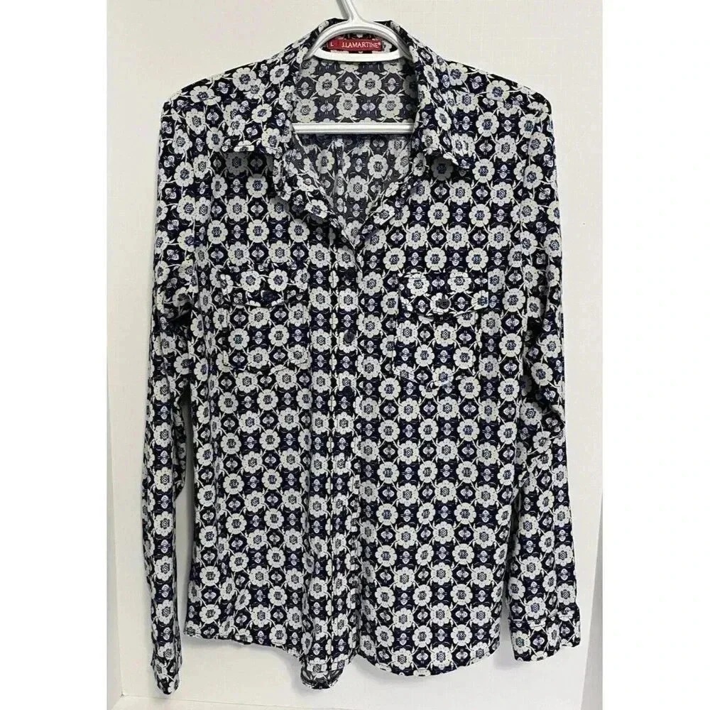 Geo-Boho Medallion Button Down 🌀 Navy Tile Print Blouse